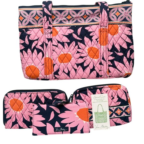 Vera Bradley Raspberry Medallion Tote Set Purse Wallet Cosmetic Bag Pink Orange - Picture 1 of 10